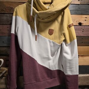 Wanakome Women's Colorblock Hoodie in Mustard, White, and Maroon
